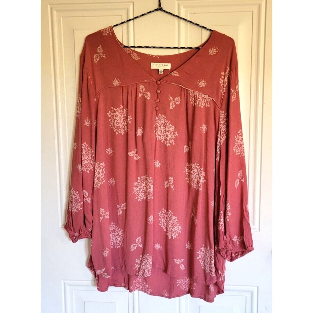 Skies Are Blue Floral Peasant Blouse Rose Pink Womens 1X - Floral 3/4 Sleeve
